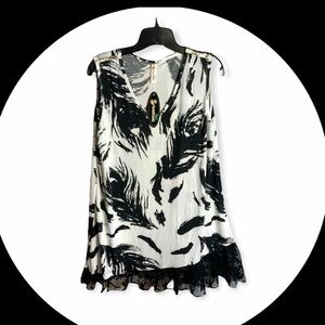 Shoreline New With Tag White w Black Brushstrokes & Lace Sleeveless Blouse Wm 1X